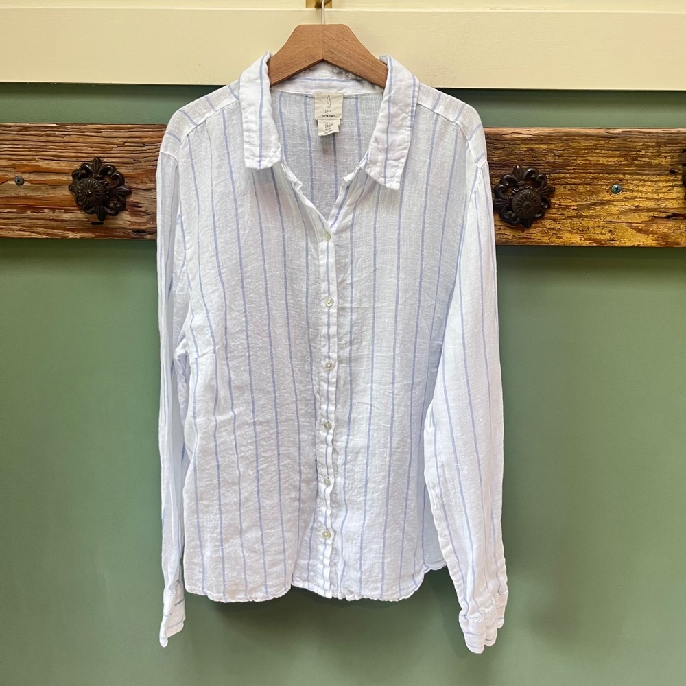 Joie Womens L 100% Linen Blue White Striped Button Down Long Sleeve Shirt